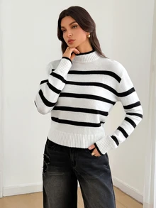 SHEIN Tall Women's Black And White Striped Turtleneck Long Sleeve Casual Sweater - Black and White - View 5