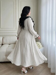 Vibekara New Elegant Fashion Minimalist Commuter Style Contrast Color Wide Ruffle Collar Puff Long Sleeve Dress, Vacation Polka Dot Element Patchwork Contrast Color Dress - Multicolor - View 2