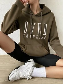 SHEIN 女款字母印花抽繩連帽休閒日常長袖運動衫 - 橄欖綠 - 查看 3