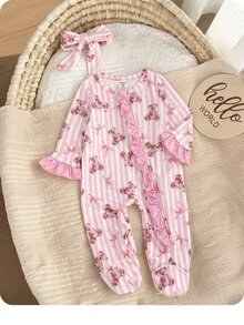 SHEIN 新生兒條紋小熊圖案拼色休閒居家連身睡衣 - 粉色 - 查看 5