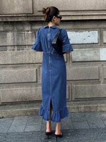Strévra Women's Blue Denim Midi Dress With Turn-Down Collar, Button Pocket Decor, Cinched Waist And Ruffle Hem, Autumn - Blue - View 2