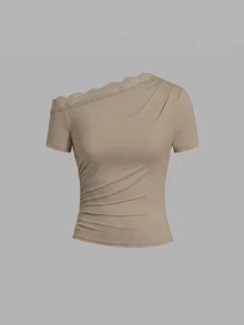 SHEIN Clasi 女款蕾絲拼接單肩修身百搭休閒T恤 - 彩色 - 查看 5