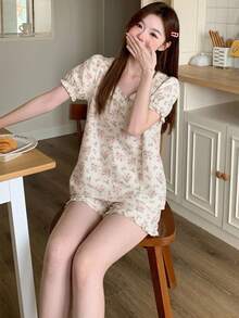 DAZY Women's Floral Print Top And Shorts Cute Pajama Set - Beige - View 6