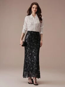 BELROSIE Commuter Design 3D Floral Sequin Applique Embroidered Sheer Casual Elegant Long Sleeve Shirt Bar Party Night Dinner White Floral Summer Wedding - White - View 6