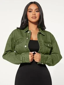 SHEIN SXY 女款時尚鈕扣長袖短版牛仔夾克 - 軍綠色 - 查看 7