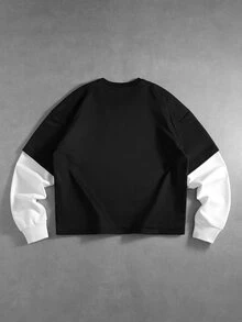 ROMWE MEN Men's Wing Slogan Print Colorblock 2 In 1 T-Shirt - Black - View 2