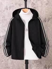 SHEIN 男童休閒字母圖案印花連帽外套，輕量寬鬆版型拉鍊連帽夾克，開學季秋季校園穿搭，黑色 - 彩色 - 查看 1