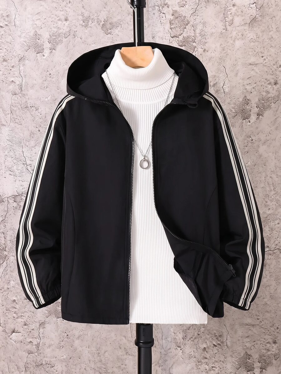 SHEIN 男童休閒字母圖案印花連帽外套,輕量寬鬆版型拉鍊連帽夾克,開學季秋季校園穿搭,黑色 - 彩色 - 查看 1