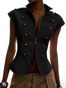 LYSMO Women's Street Style Double-Breasted Zipper Jacket - Navy Blue - View 4