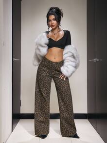 SHEIN PETITE Women's Leopard Print Wide Leg Denim Jeans Night Out Brown Fall Streetwear Casual - Multicolor - View 6