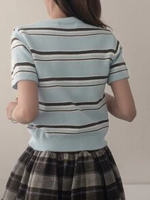 DAZY Women's Korean Style Striped Colorblock Short Sleeve Round Neck Knit Top Fall - Navy Blue - View 7