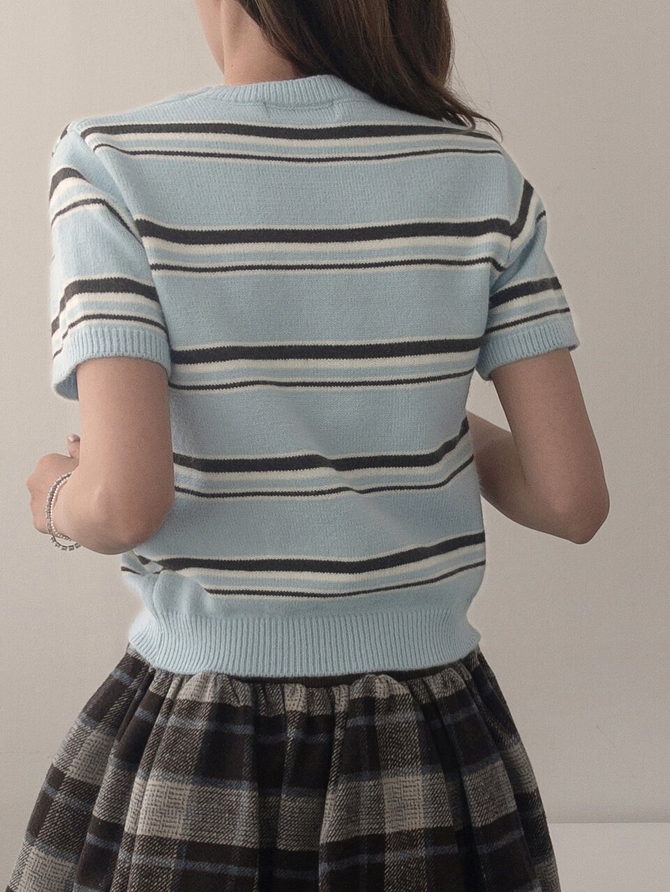 Women's Korean Style Striped Colorblock Short Sleeve Round Neck Knit Top Fall
