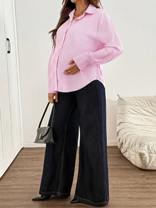 SHEIN Maternity Versatile Striped Single-Breasted Long Sleeve Shirt Fall - Pink - View 7