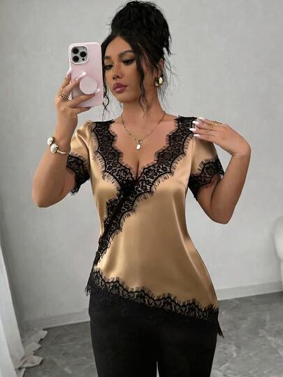 SHEIN Raffinéa Women's Elegant French Lace Patchwork Satin Asymmetrical Hem Short Sleeve Blouse, Summer Outfit