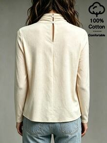 SHEIN Soft Beige-Apricot Micro-Crinkled Textured Knit Fabric Layered High Neck With Large Natural Draped Pleats V-Neck Structure Standard Shoulder Straight Long Sleeve Flat Hem Exquisite Niche Design Long Sleeve Inner Top - Apricot - View 2