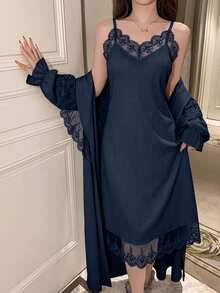 DAZY 秋冬款女款蕾絲拼接長款睡袍與細肩帶睡裙家居服套裝 - 藏蓝色 - 查看 5