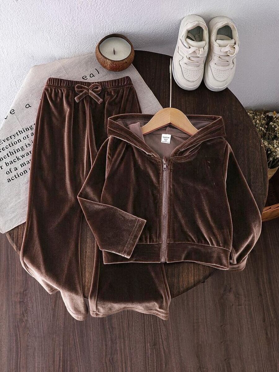 SHEIN Girls Velvet Hooded Long Sleeve Jacket And Pants Set, Suitable For Autumn/Winter, Fashionable And Versatile, Comfortable To Wear - Brown - View 1