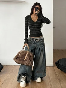Coolane Casual Street Style Black & Grey Ribbed Ribbed Deep V-Neck Women's Sweater, Suitable For Autumn/Winter - Multicolor - View 4