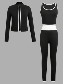 SHEIN 青少年女孩黑白拼色前開襟拉鍊夾克背心內搭褲運動套裝 3件組 - 黑與白 - 查看 2