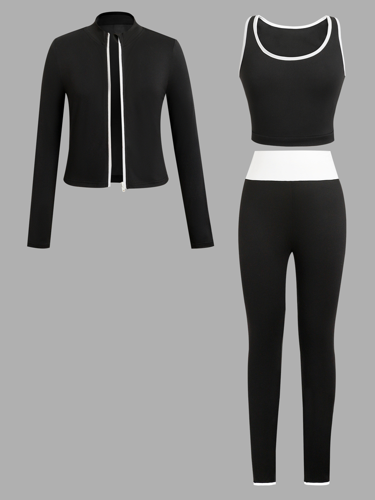 SHEIN Tween Girls Black White Color Block Front Zip-Up Jacket Vest Leggings Sports Outfit 3pcs Set - Black and White - View 2