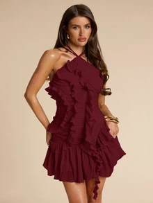 SHEIN BAE Spring/Summer Women's Pink Halter Pleated Exquisite Split Mini Dress, Wedding Guest Dress, Valentine's Day Dress, Pink Dress - Burgundy - View 5