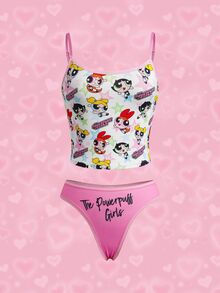 THE POWERPUFF GIRLS X SHEIN طقم ملابس داخلية نسائي بطبعة حروف كرتونية بأسلوب كاميسول - وردي - مشاهدة 7