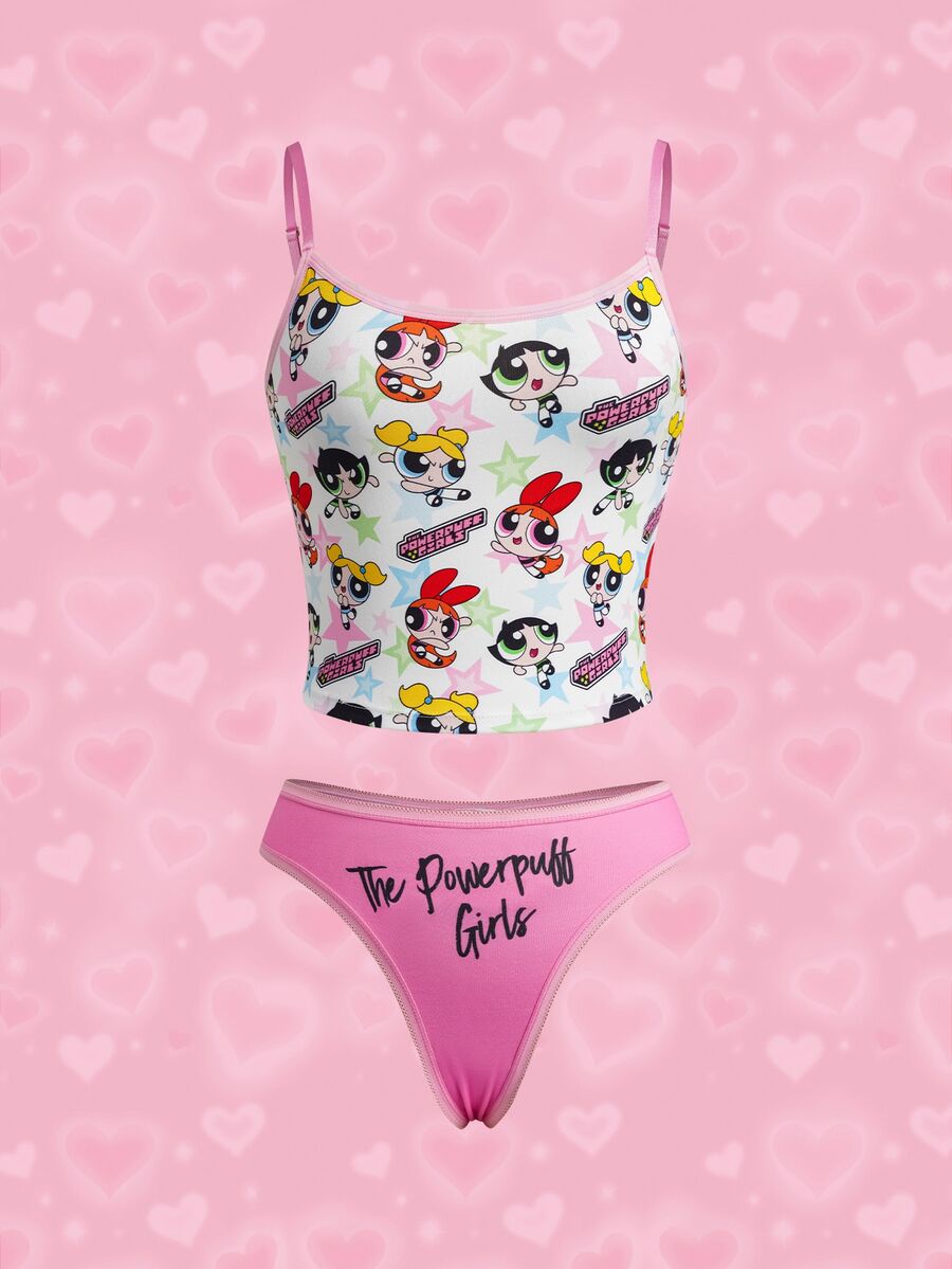 THE POWERPUFF GIRLS X SHEIN 女款字母卡通印花細肩帶內衣套裝 - 粉色 - 查看 1
