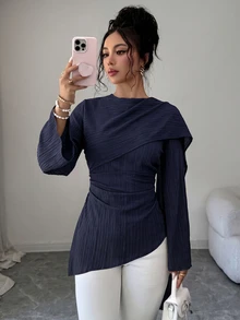 Elenzga 深棕色抓皺裹身女式襯衫，不對稱下擺與超長喇叭袖設計，休閒上衣，適合通勤、購物與約會 - 藏蓝色 - 查看 5
