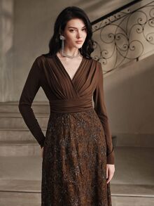 Anewsta Women's Elegant V-Neck Sequin Lace Maxi Dress - Brown - View 2
