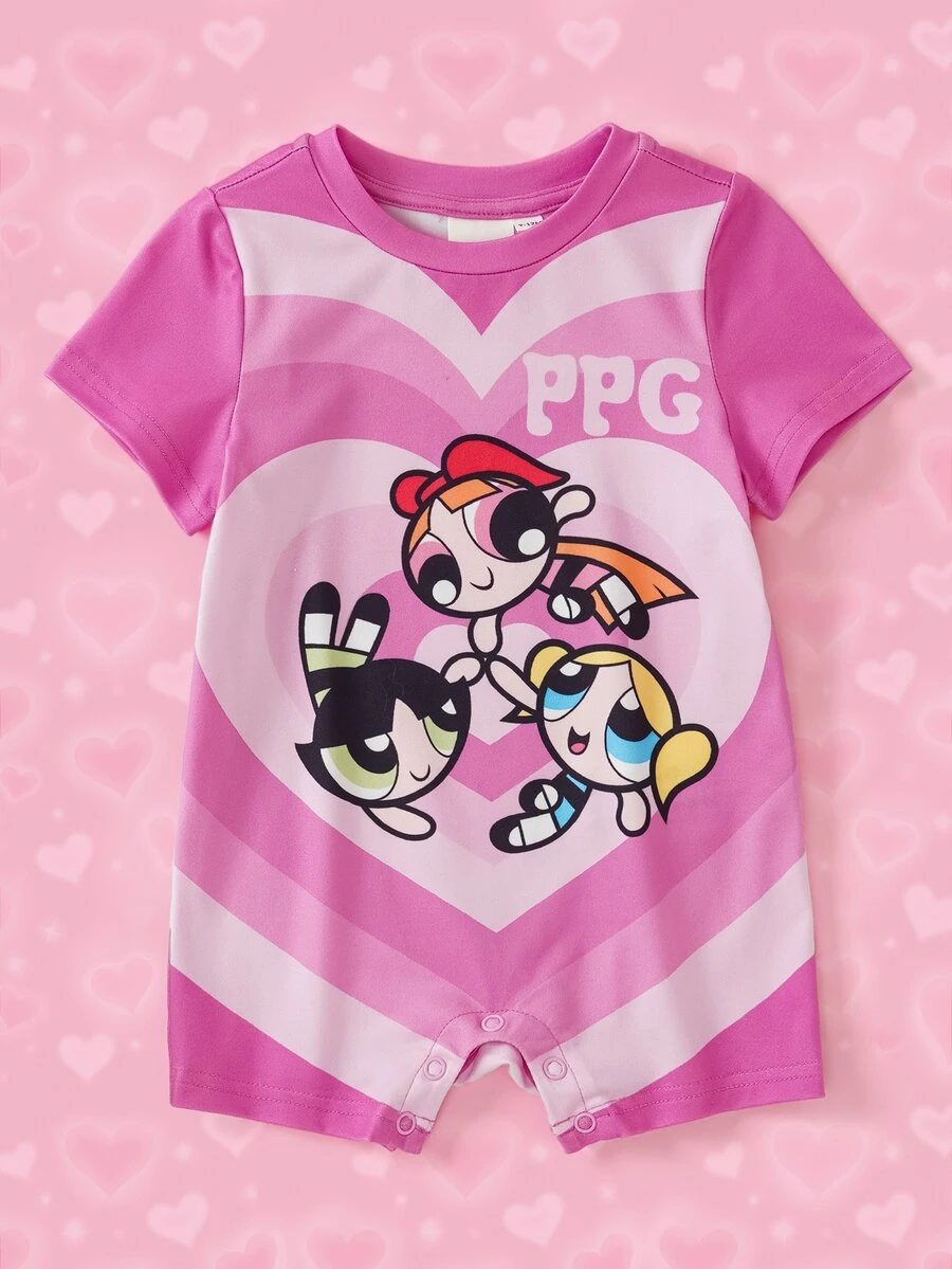 THE POWERPUFF GIRLS X SHEIN رومبر للبنات الصغيرات بطبعة كرتونية - وردي - مشاهدة 1