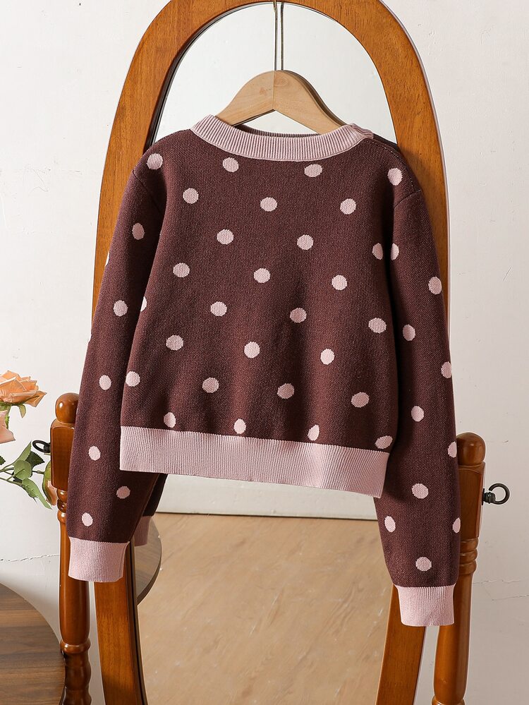 SHEIN Girls Polka Dot Bow Button Knit Cardigan, Brown Pink Elegant Long Sleeve Jacket, Soft Fall Winter, Christmas Halloween Daily School Travel Wear - Brown - View 2