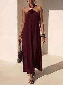 Zivah Women's Solid Color Halter Neck Long Dress For Vacation And Casual Wear - Rose Red - View 1