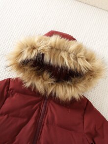 SHEIN Young Boy Plush Patchwork Solid Color Zipper Casual Versatile Winter Padded Coat - Burgundy - View 5