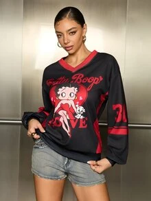 Betty Boop x SHEIN Sudadera de manga larga casual de uso diario con estampado de letras y dibujos animados para mujer - Negro - Ver 9