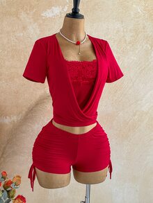 Soleia Women's Lace Patchwork Pleated Top And Tie-Up Shorts Sexy 2 Pieces Set - Red - View 8