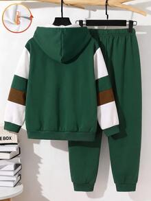 Tween Boy Casual Minimalist Long Sleeve Hooded Comfortable Sweatshirt 2 Pieces Set, Suitable For Autumn/Winter, Classic Retro Casual Color Block Pattern Print, Classic Urban Milan Text Pattern Print, Suitable For Autumn/Winter, Suitable For Back To School Season - Multicolor - View 3
