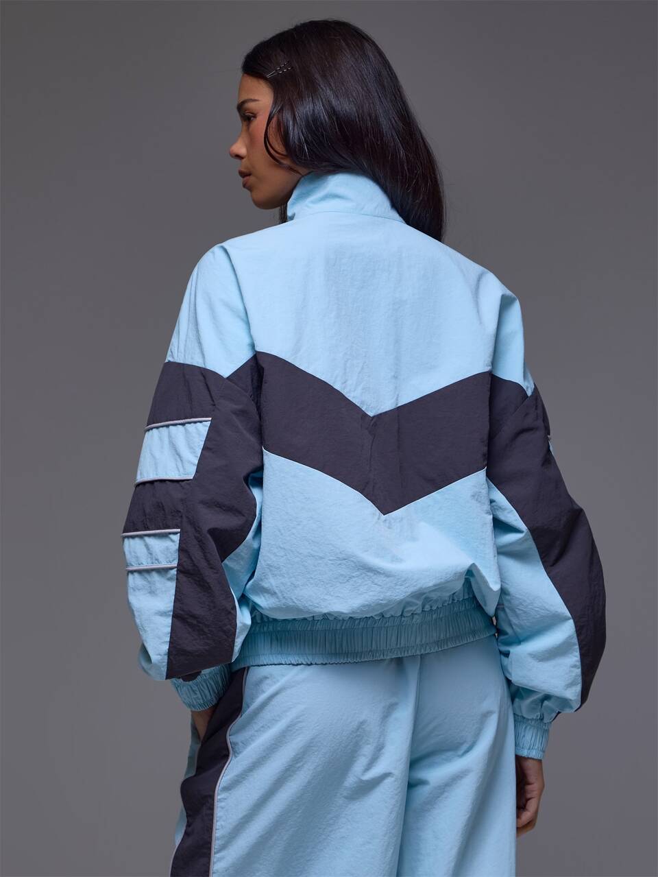 Blue Funnel Neck Piping Detail Zip Through High Neck Jacket
