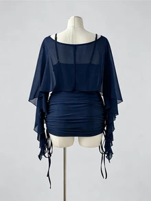Sunspun Set 2 Potong Atasan Transparan dan Gaun Cami Ketat dengan Tali Serut untuk Musim Semi/Panas Ukuran Besar - Navy Blue - View 2