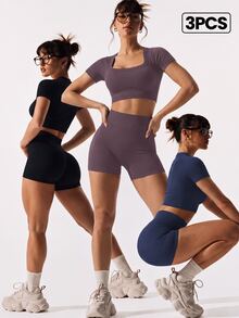 SHEIN Velisys 6pcs/Set Regular Fit Ribbed Square Neck Basic Black Navy Purple Sports Fitness Seamless Yoga Set - Multicolor - View 1