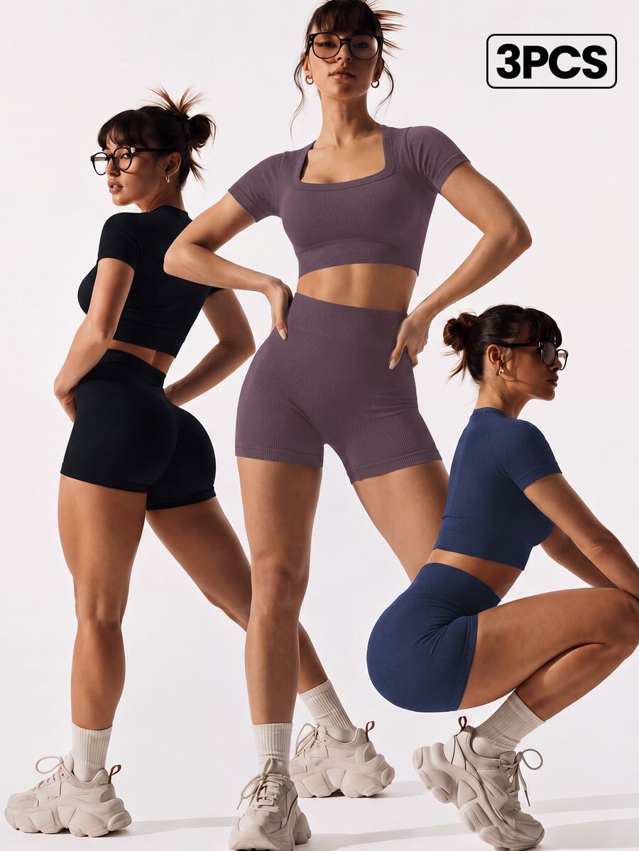 SHEIN Velisys 6pcs/Set Regular Fit Ribbed Square Neck Basic Black Navy Purple Sports Fitness Seamless Yoga Set - Multicolor - View 1