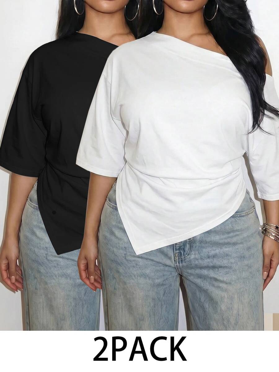 Slaydiva 2026春夏女款T恤2件套 黑白配色 大尺碼 新款 音樂節 海灘到晚餐 紀念日 畢業季 百搭多功能 郵輪旅行 性感海灘曬日光 爆紅草地派對 蜜月 花園派對 - 黑與白 - 查看 1