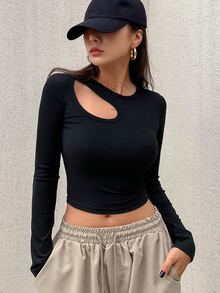 DAZY 女款素色休閒百搭日常長袖T恤 - 黑色 - 查看 3