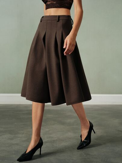 Aveloria Modichic Women's Skirt A-Line Pleated Wool-Like Textured High Waist Belt Loops Box Pleat Midi Vintage Preppy Brown Skirt Midi Skirt Brown Skirt Vintage