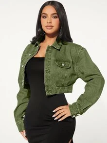SHEIN SXY 女款時尚鈕扣長袖短版牛仔夾克 - 軍綠色 - 查看 2