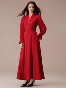 BELROSIE Women's Solid Color Pleated Casual Elegant Party Formal Dress Wedding Red Autumn - Burgundy - View 4