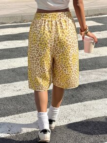 Muchica Spring/Summer New Casual High Street Plus Size Bermuda Shorts, Pink Leopard Print Sweatshirt Fabric, Elastic Waist With Drawstring, Suitable For Daily Wear, Outings, Parties, Music Festivals, Back To School, Graduation, Vacation, Versatile For Outerwear Or Layering - Pale Yellow - View 2