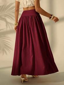 SHEIN Tall Women's Solid Color Pleated Casual Versatile Daily Wear Skirt - Burgundy - View 2