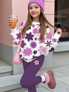 Tween女孩休閒可愛秋季甜美彩色花卉印花，紫色調圓領衛衣與鬆緊腰長褲套裝，適合秋冬保暖，Kawaii舒適秋冬風格 - 彩色 - 查看 2