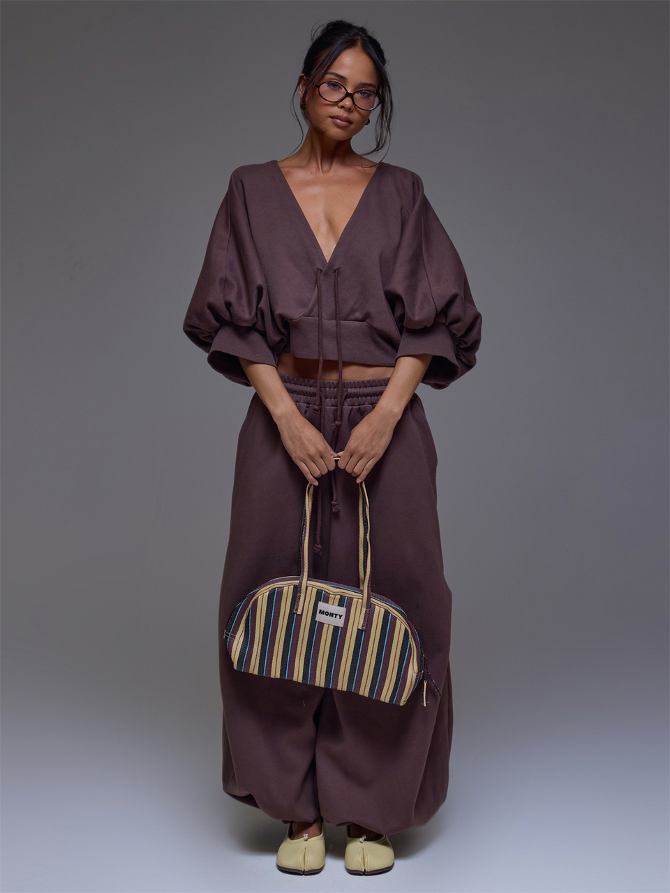 Brown Deep V Neck Crossover Front Drawstring Top