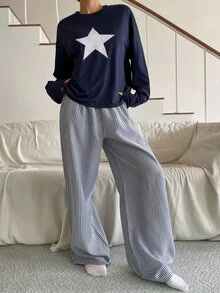 DAZY Autumn/Winter Star Pattern Loose Top And Plaid Pajama Pants Set For Women - Navy Blue - View 1